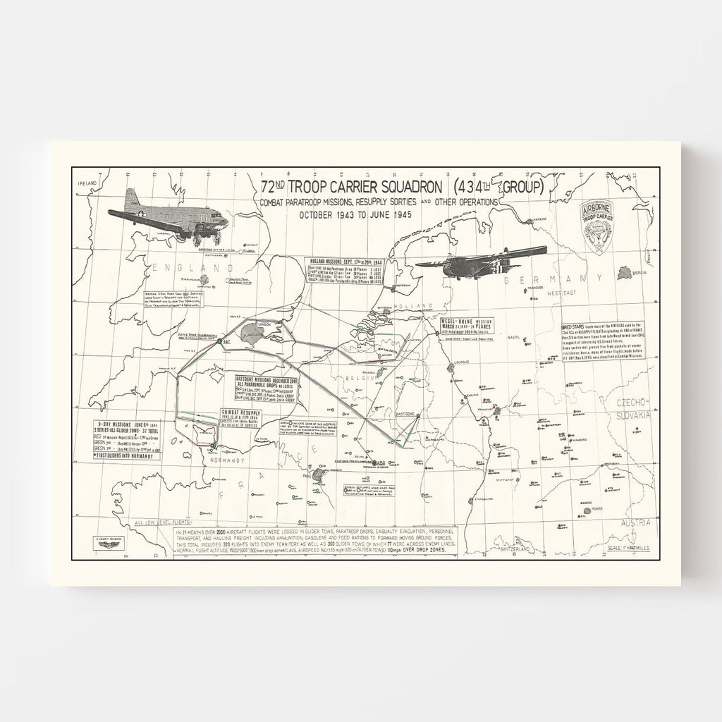Vintage Map of the 72nd Troop Carrier Squadron Over Europe During WWII Map 1972