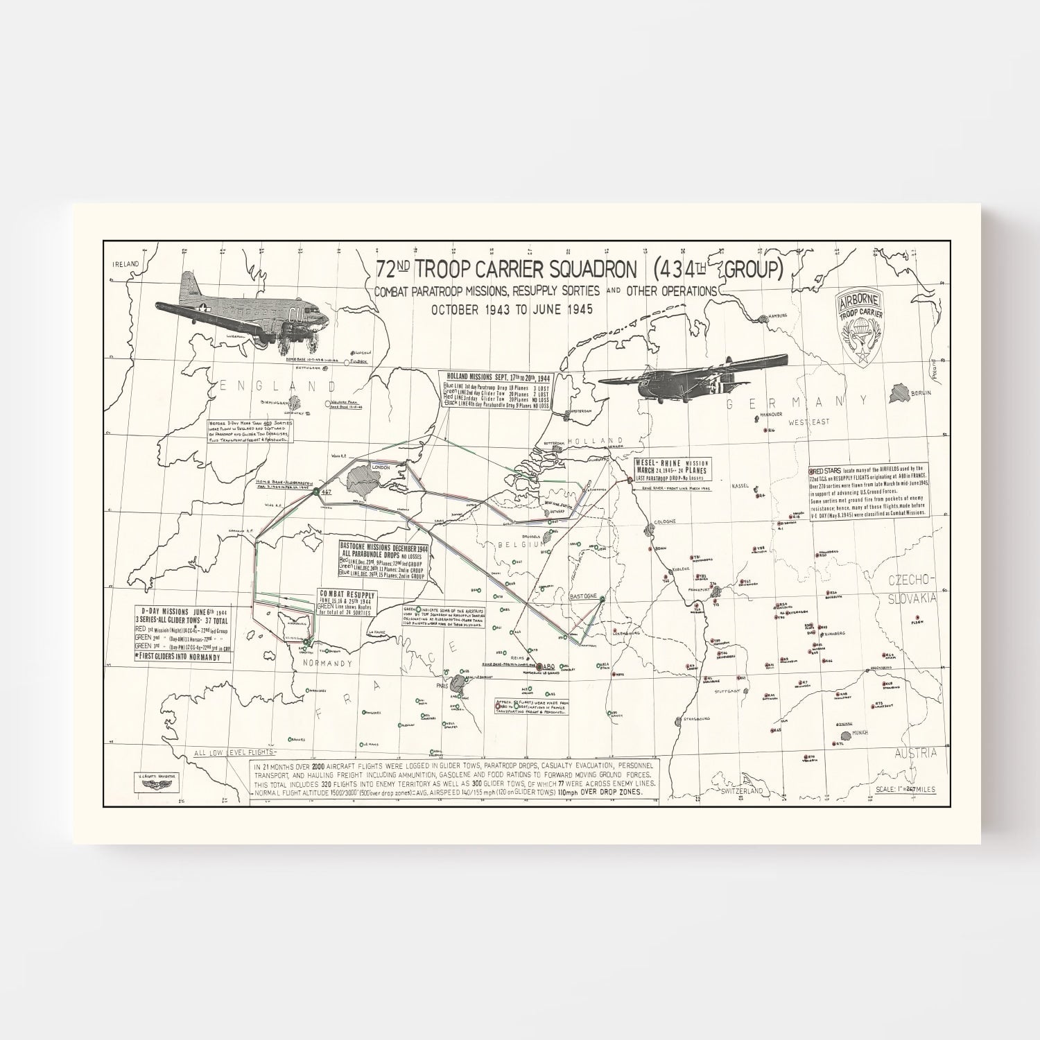 Vintage Map of the 72nd Troop Carrier Squadron Over Europe During WWII Map 1972