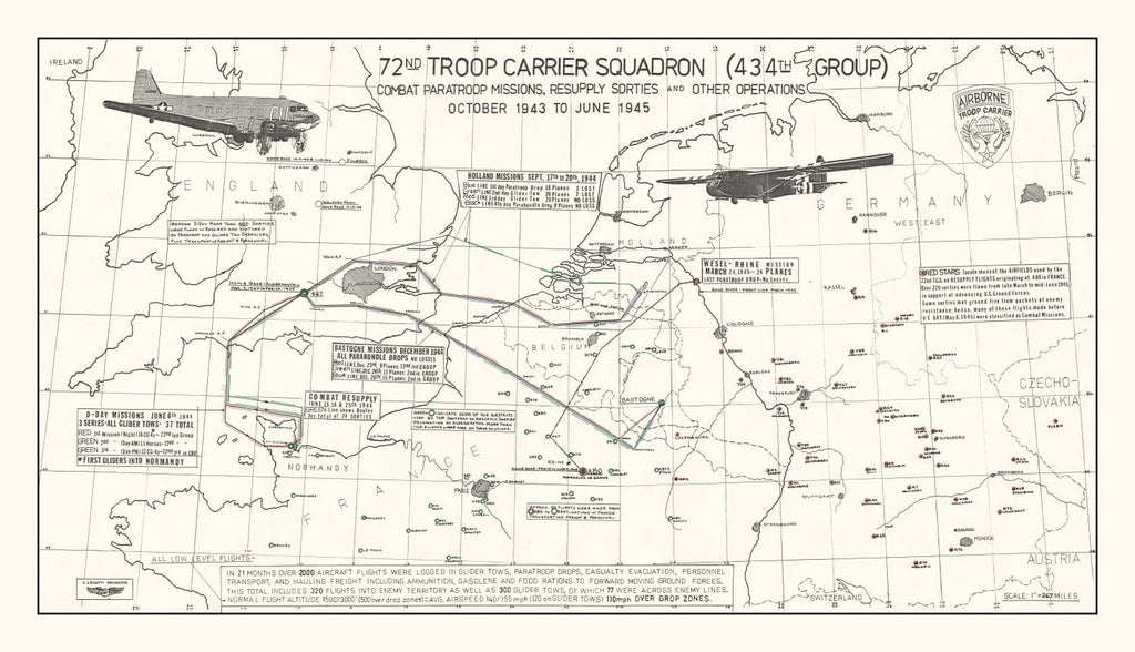 Vintage Map of the 72nd Troop Carrier Squadron Over Europe During WWII Map 1972