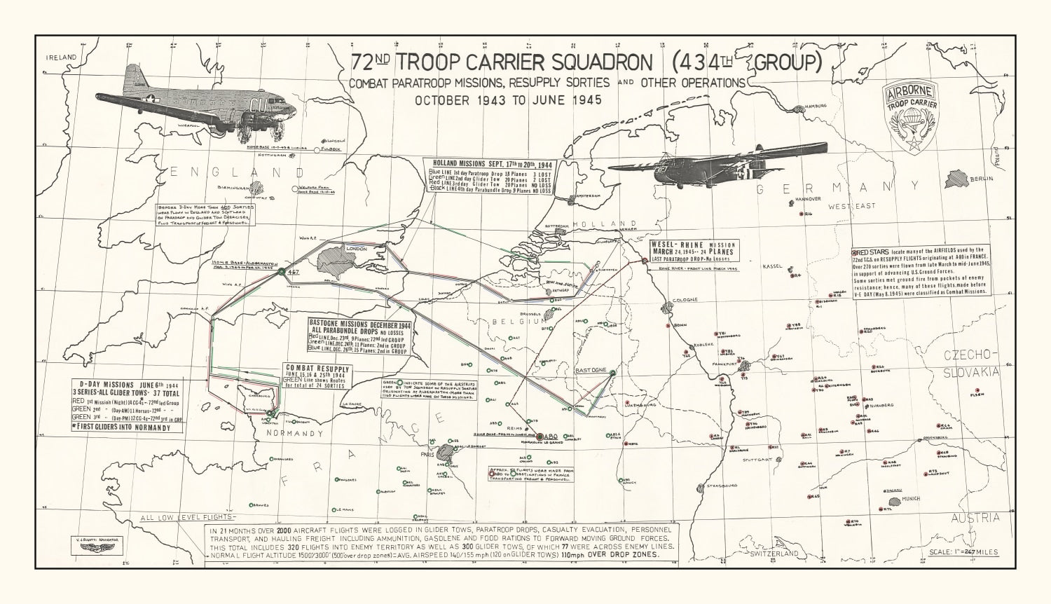 Vintage Map of the 72nd Troop Carrier Squadron Over Europe During WWII Map 1972