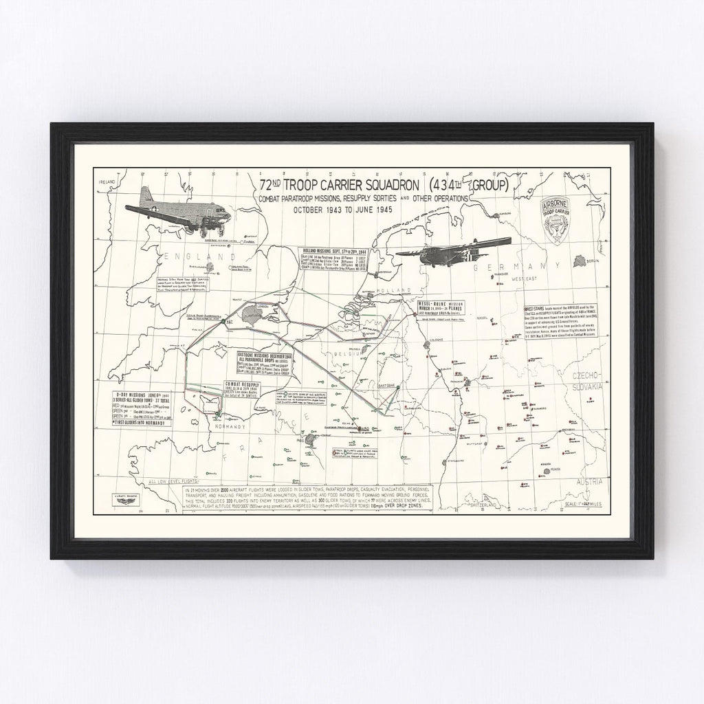 Vintage Map of the 72nd Troop Carrier Squadron Over Europe During WWII Map 1972