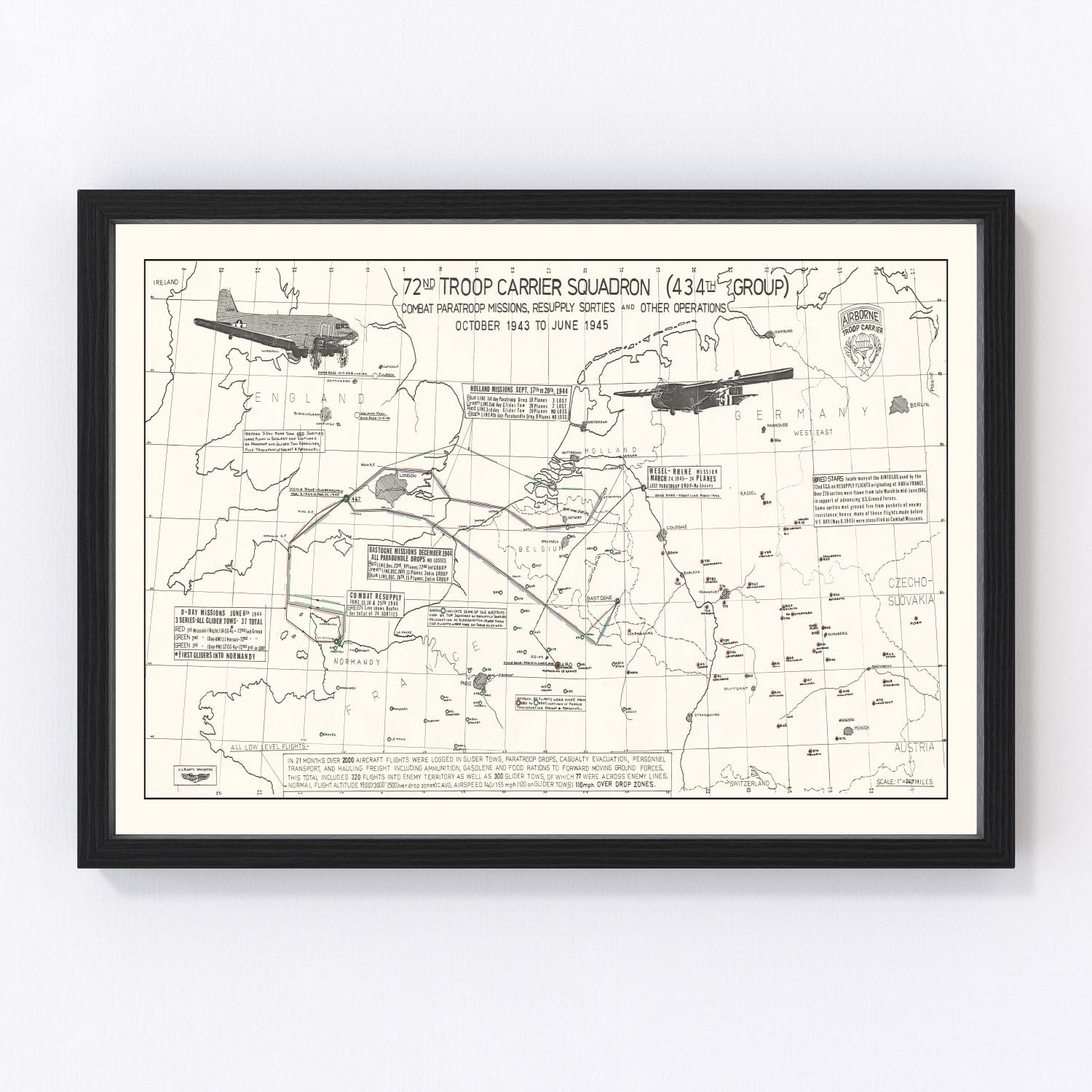 Vintage Map of the 72nd Troop Carrier Squadron Over Europe During WWII Map 1972