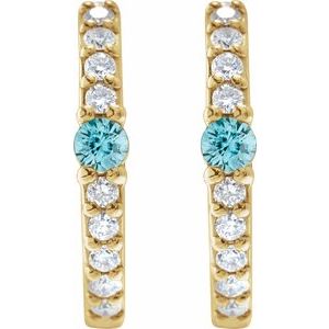 14K Yellow Gold Natural Blue Zircon & 1/8 CTW Natural Diamond 13.6 mm Hoop Earring
