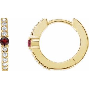 14K Yellow Gold Natural Mozambique Garnet & 1/8 CTW Natural Diamond 13.6 mm Hoop Earring