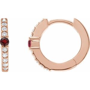 14K Rose Gold Natural Mozambique Garnet & 1/8 CTW Natural Diamond 13.6 mm Hoop Earring