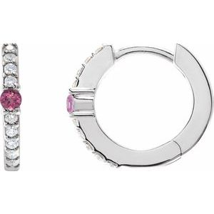 Platinum Natural Pink Tourmaline & 1/8 CTW Natural Diamond 13.6 mm Hoop Earring