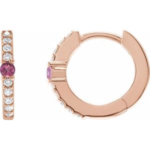 14K Rose Gold Natural Pink Tourmaline & 1/8 CTW Natural Diamond 13.6 mm Hoop Earring