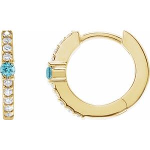 14K Yellow Gold Natural Blue Zircon & 1/8 CTW Natural Diamond 13.6 mm Hoop Earring