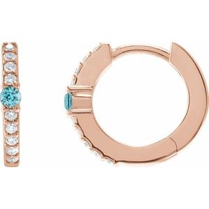 14K Rose Gold Natural Blue Zircon & 1/8 CTW Natural Diamond 13.6 mm Hoop Earring
