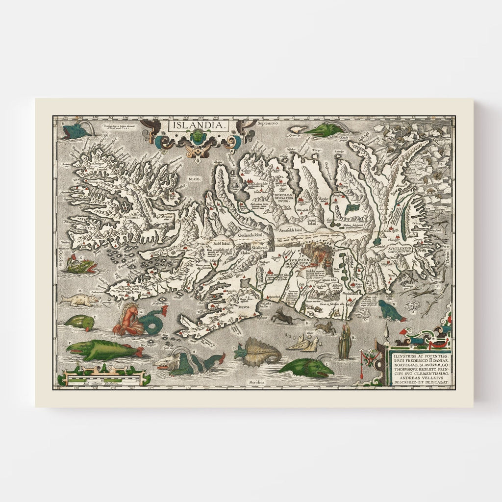 Vintage Iceland Map with Sea Monsters 1587