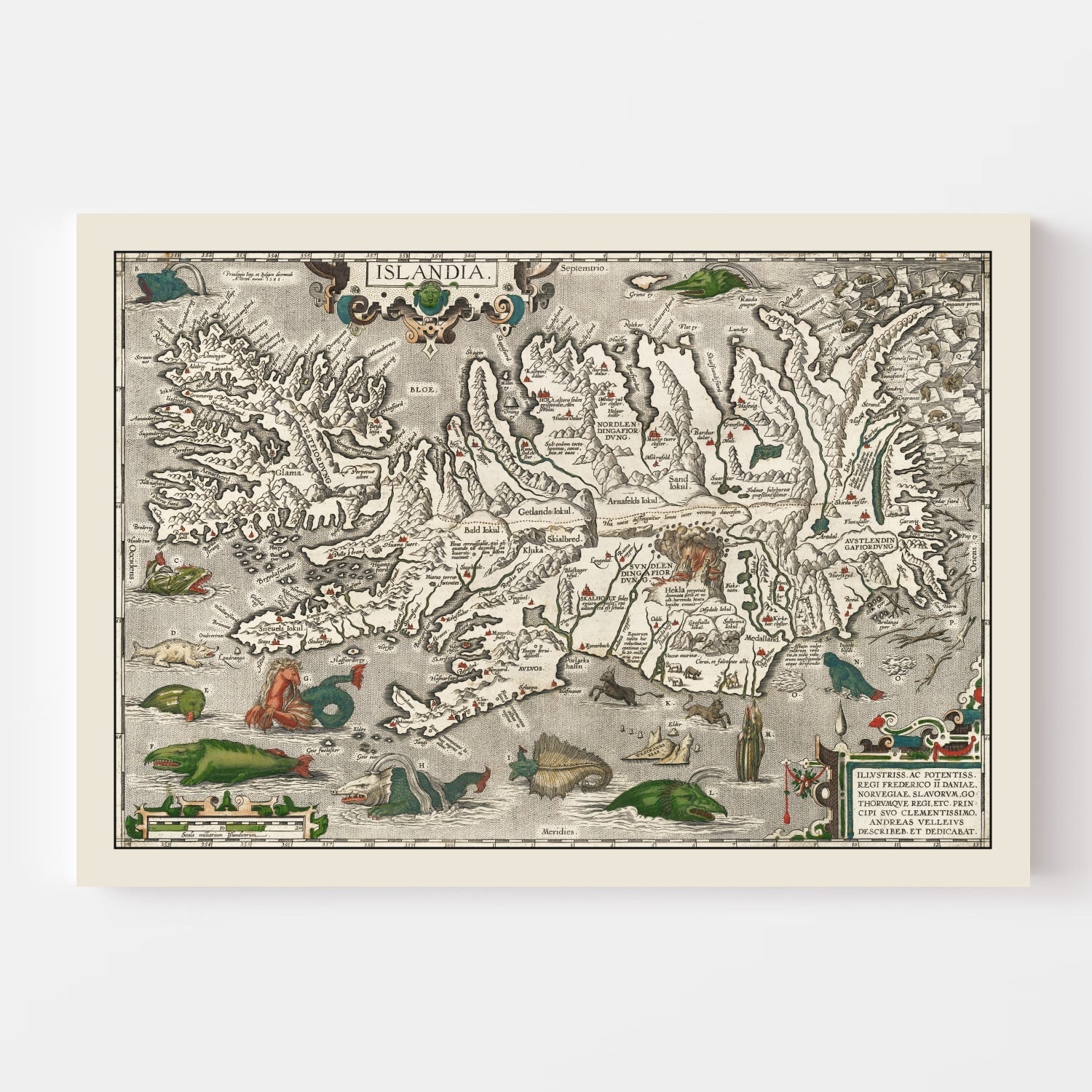Vintage Iceland Map with Sea Monsters 1587
