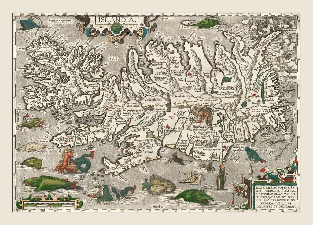 Vintage Iceland Map with Sea Monsters 1587