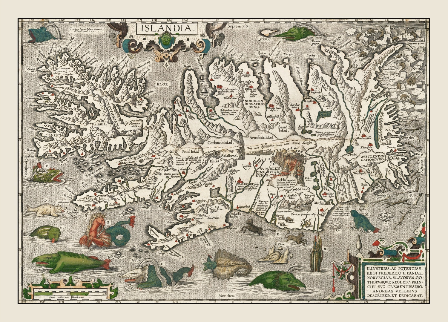 Vintage Iceland Map with Sea Monsters 1587