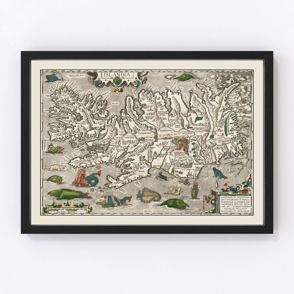 Vintage Iceland Map with Sea Monsters 1587
