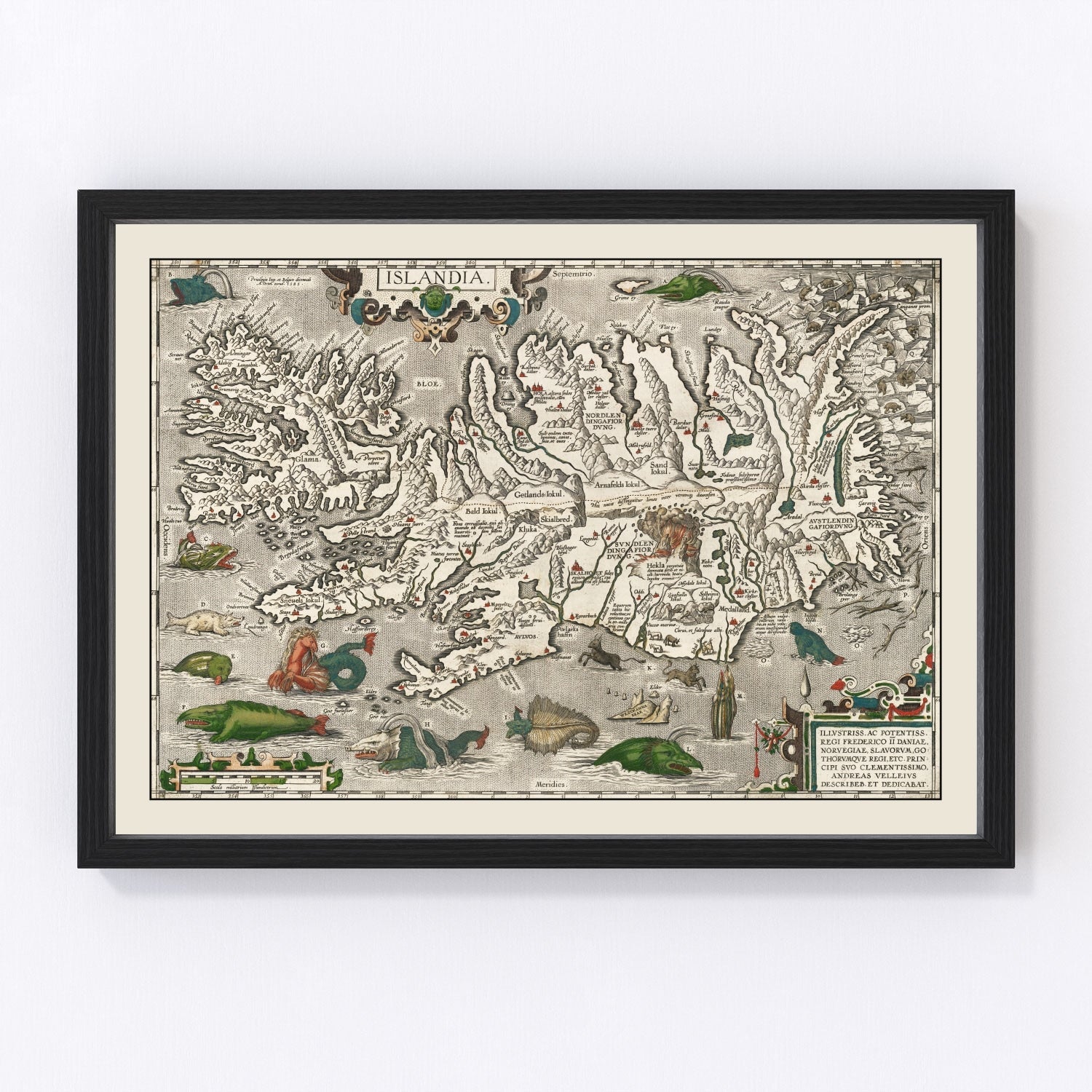 Vintage Iceland Map with Sea Monsters 1587