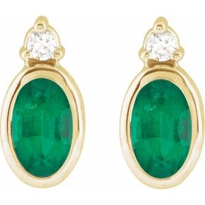 14K Yellow Gold 5x3 mm Natural Emerald & .03 CTW Natural Diamond Earrings – image 2