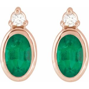 14K Rose Gold 5x3 mm Lab-Grown Emerald & .03 CTW Natural Diamond Earrings – image 2