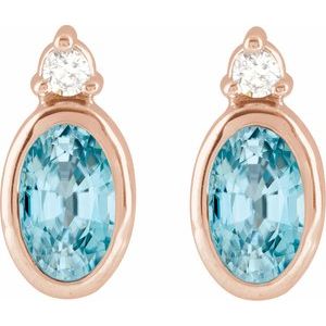 14K Rose Gold 5x3 mm Natural Blue Zircon & .03 CTW Natural Diamond Earrings