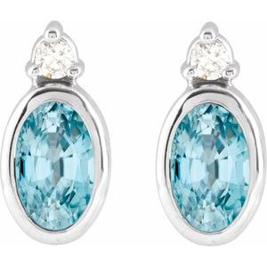 14K White Gold 5x3 mm Natural Blue Zircon & .03 CTW Natural Diamond Earrings – image 2