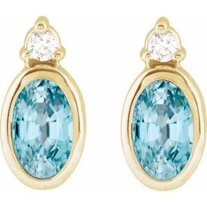 14K Yellow Gold 5x3 mm Natural Blue Zircon & .03 CTW Natural Diamond Earrings – image 2