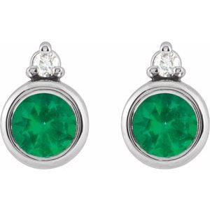 14K White Gold 4 mm Natural Emerald & .03 CTW Natural Diamond Earrings – image 2