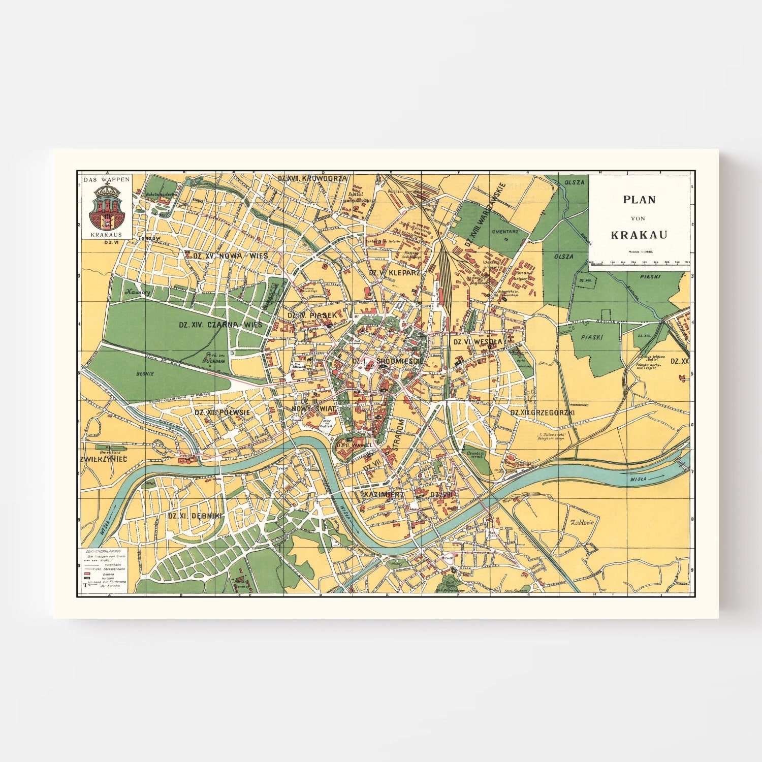Vintage Map of Krakow, Poland 1928
