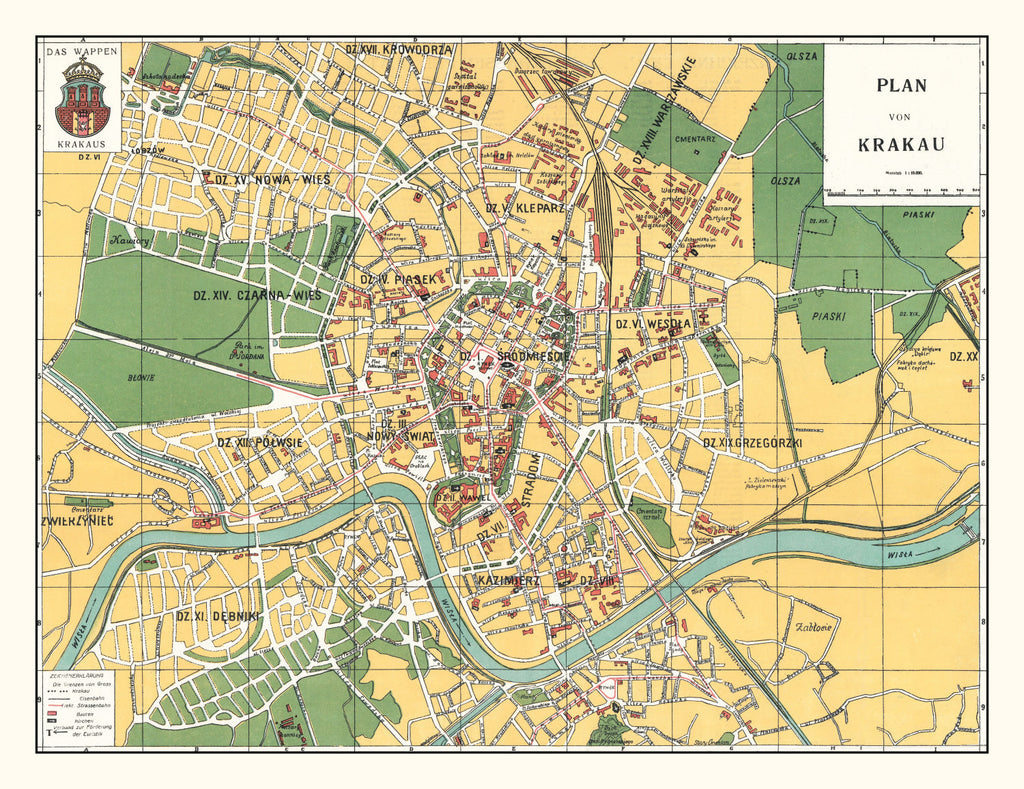 Vintage Map of Krakow, Poland 1928