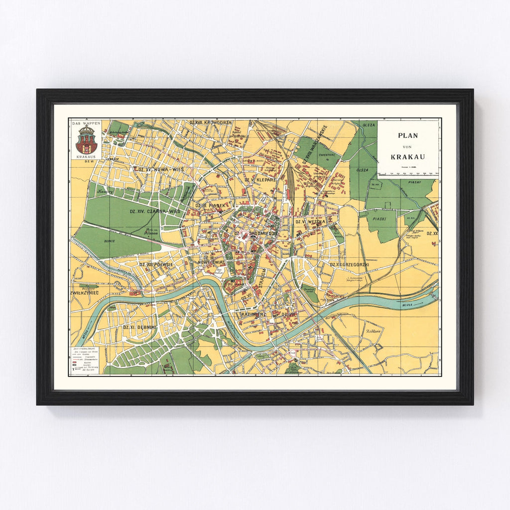 Vintage Map of Krakow, Poland 1928