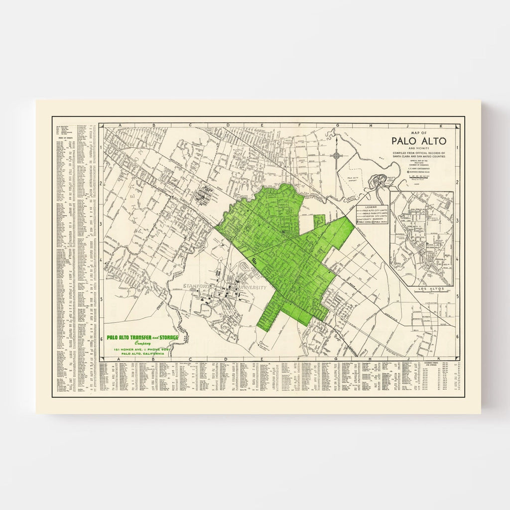 Vintage Map of Palo Alto, California 1953