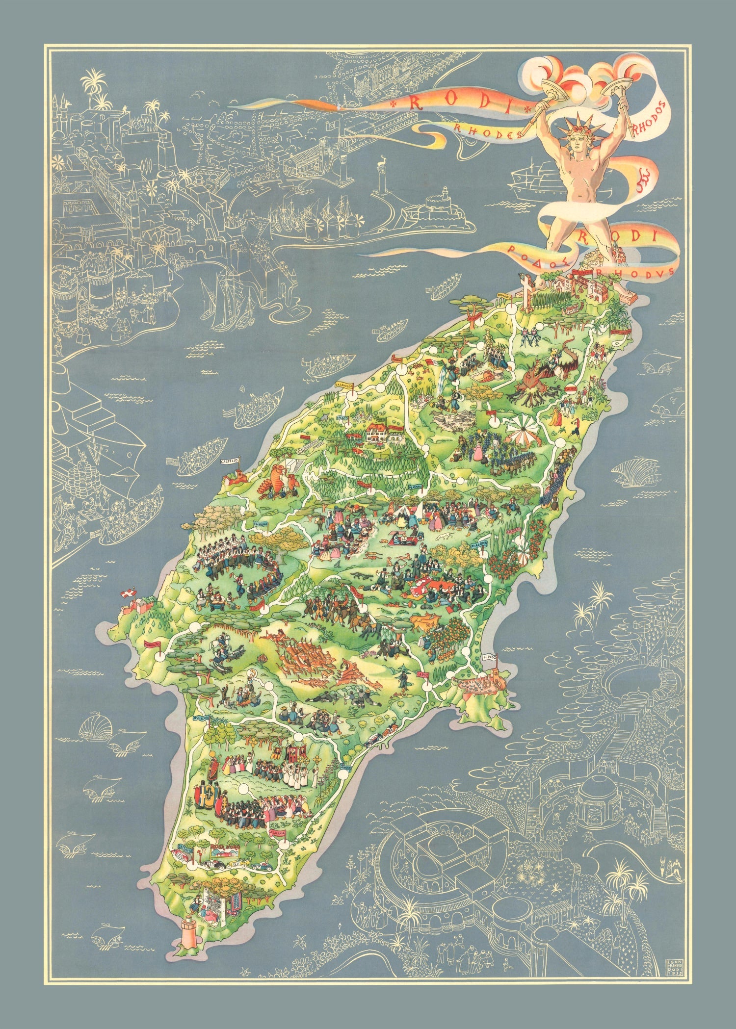 Vintage Rhodes Greece Map 1935