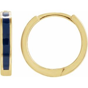 14K Yellow Gold Vermeil Blue Enamel Hinged 12.1 mm Hoop Earrings