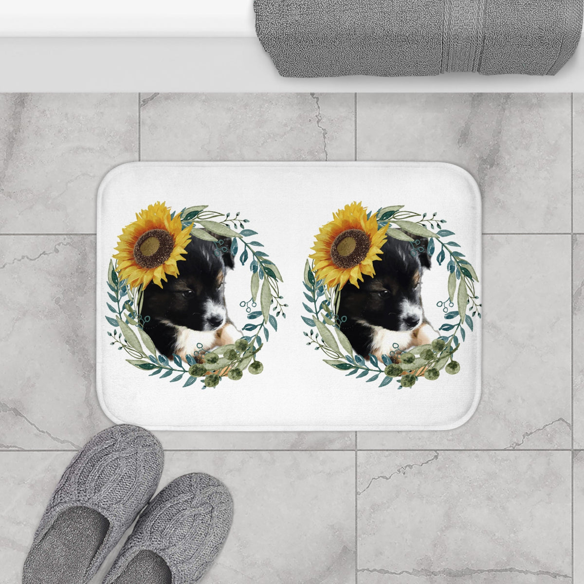 Cute Black Puppy with Sunflower Hat Memory Foam Bath Mat