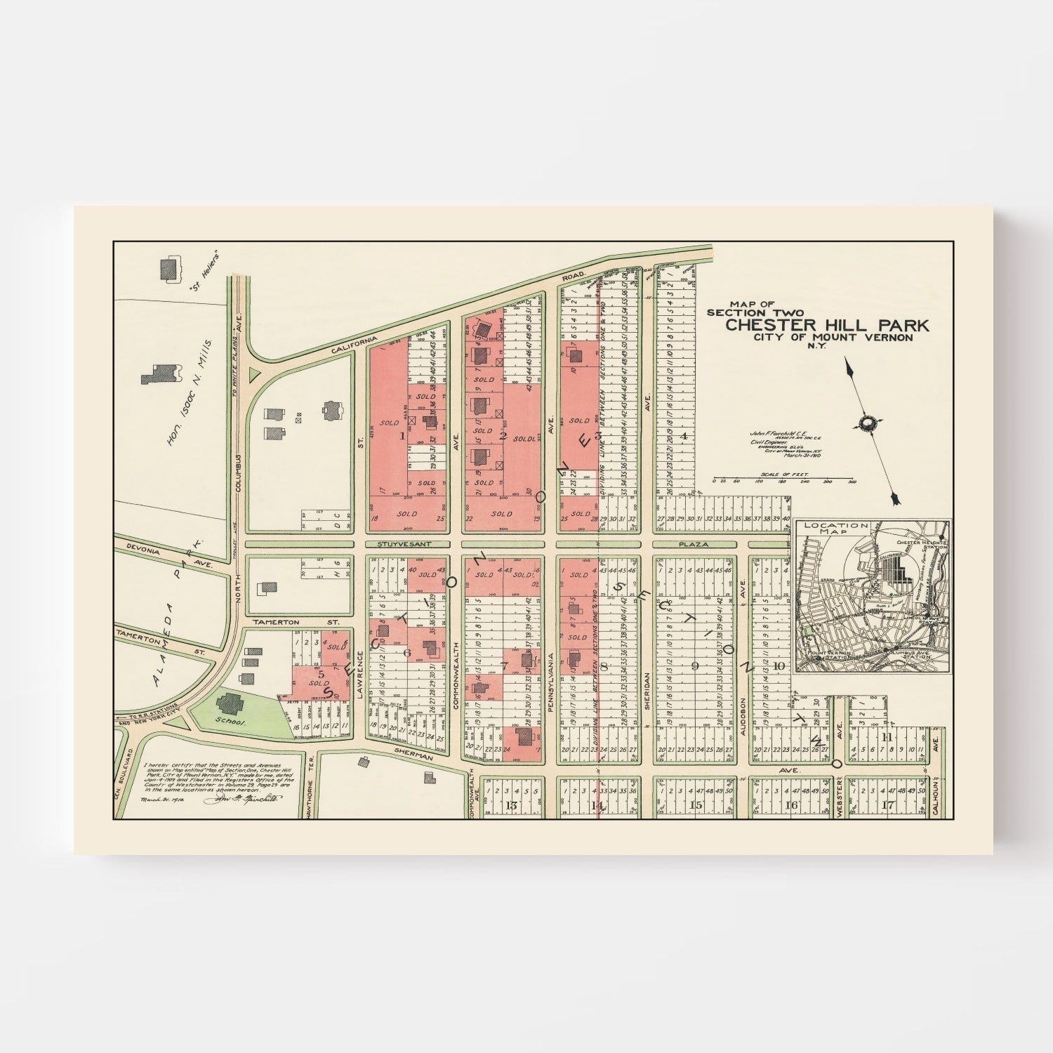 Vintage Chester Hill Park Mount Vernon Map 1910