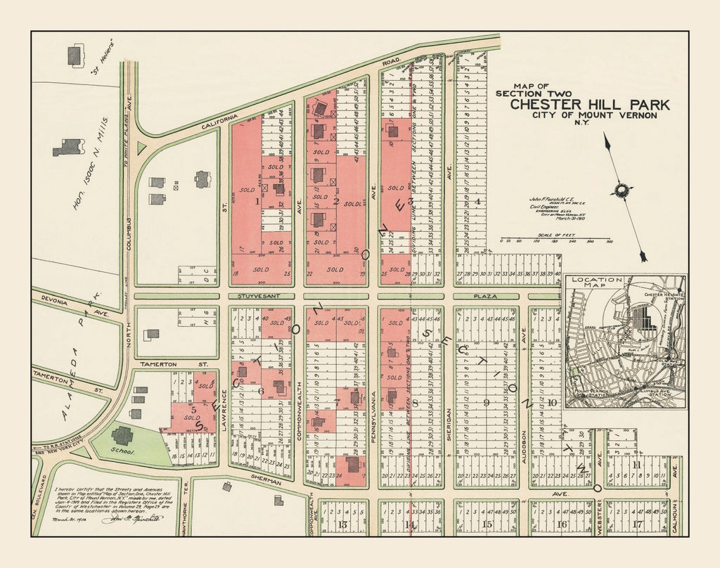 Vintage Chester Hill Park Mount Vernon Map 1910