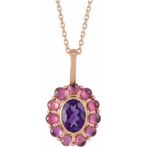 14K Rose Gold Natural Amethyst & Natural Rhodolite Garnet Halo-Style 16-18" Necklace