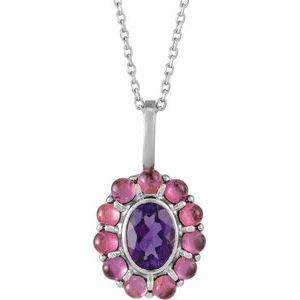 14K White Gold Natural Amethyst & Natural Rhodolite Garnet Halo-Style 16-18" Necklace