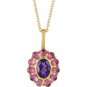 14K Yellow Gold Natural Amethyst & Natural Rhodolite Garnet Halo-Style 16-18" Necklace