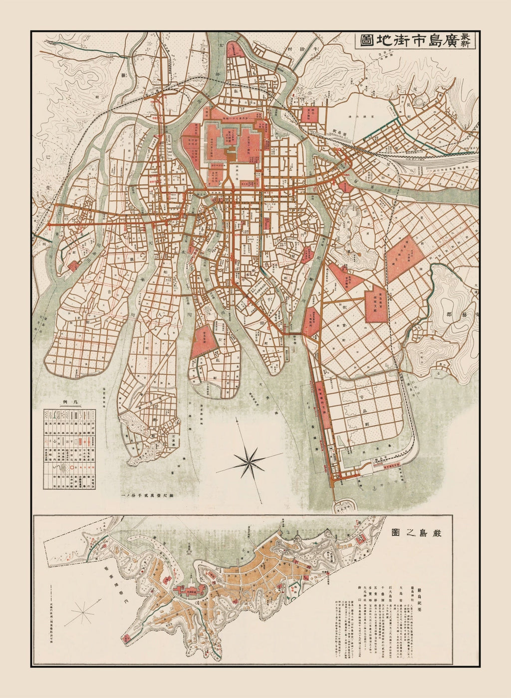Vintage Map of Hiroshima, Japan 1922