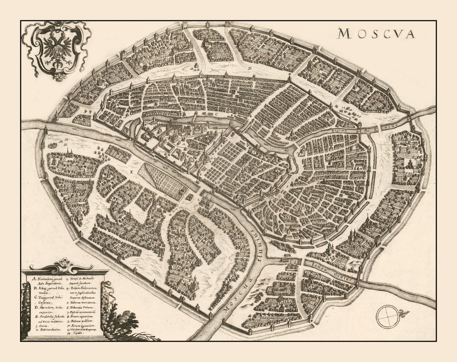 Vintage Map of Moscow, Russia 1646