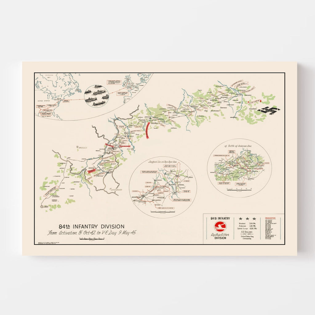 Vintage 84th Infantry Division Route Map of Europe 1945