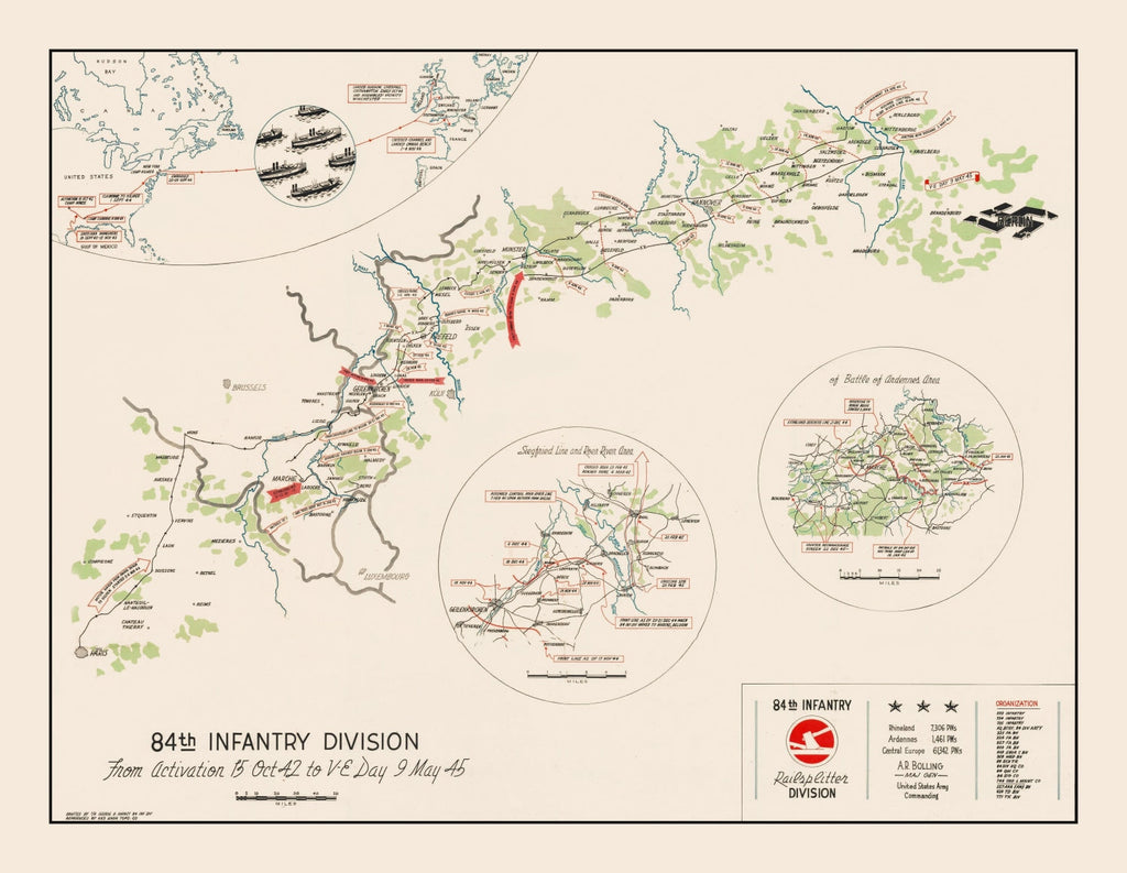 Vintage 84th Infantry Division Route Map of Europe 1945