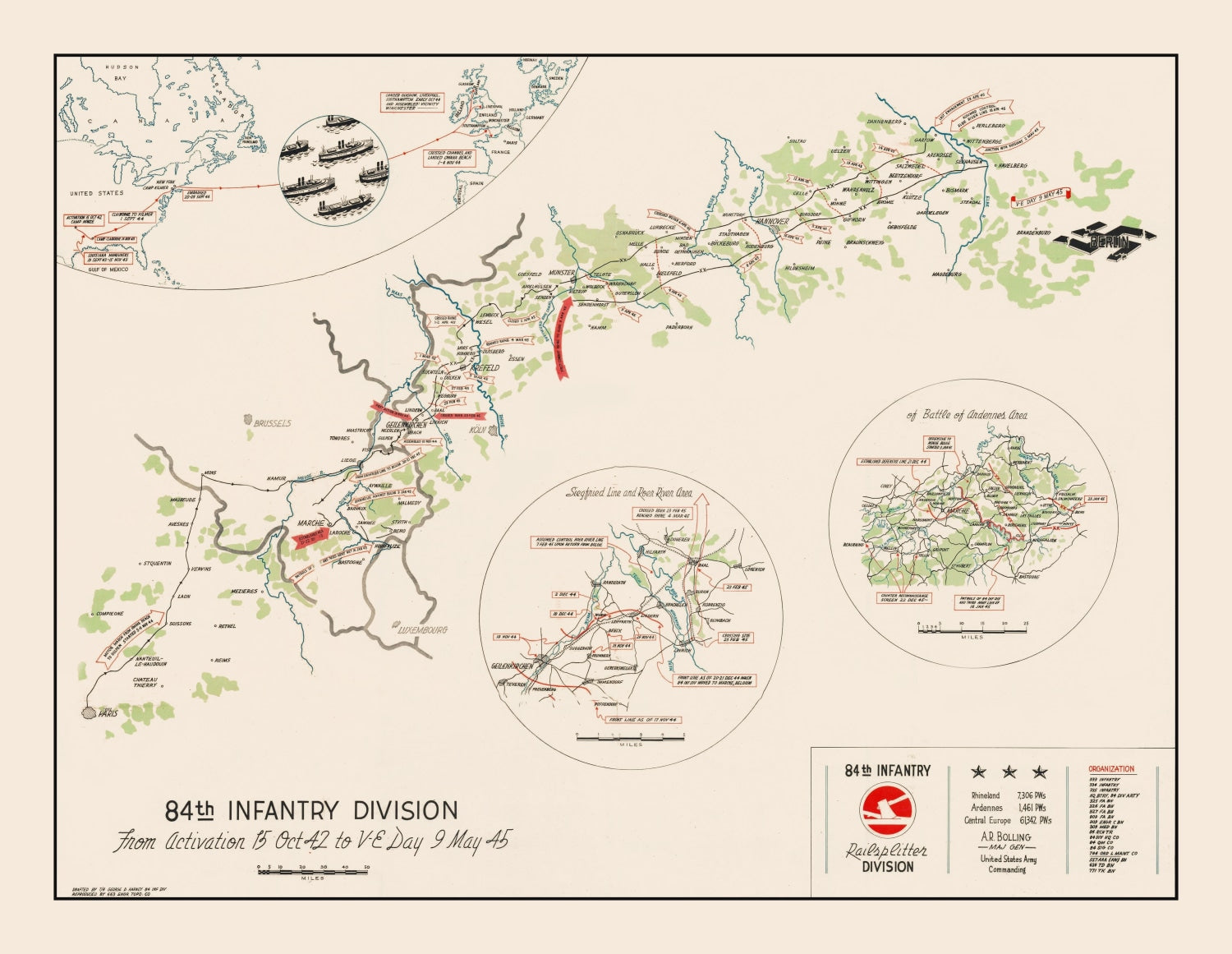 Vintage 84th Infantry Division Route Map of Europe 1945