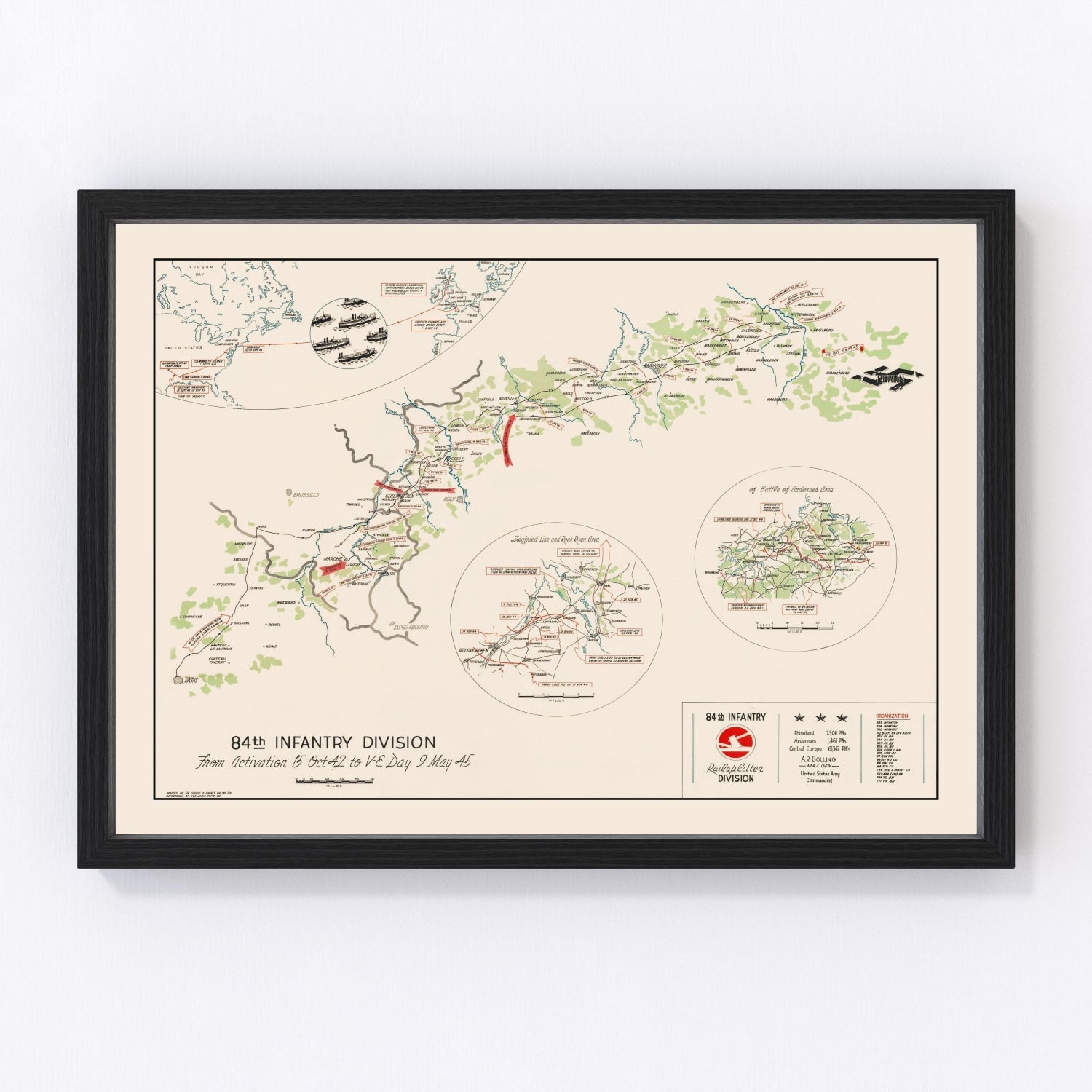 Vintage 84th Infantry Division Route Map of Europe 1945