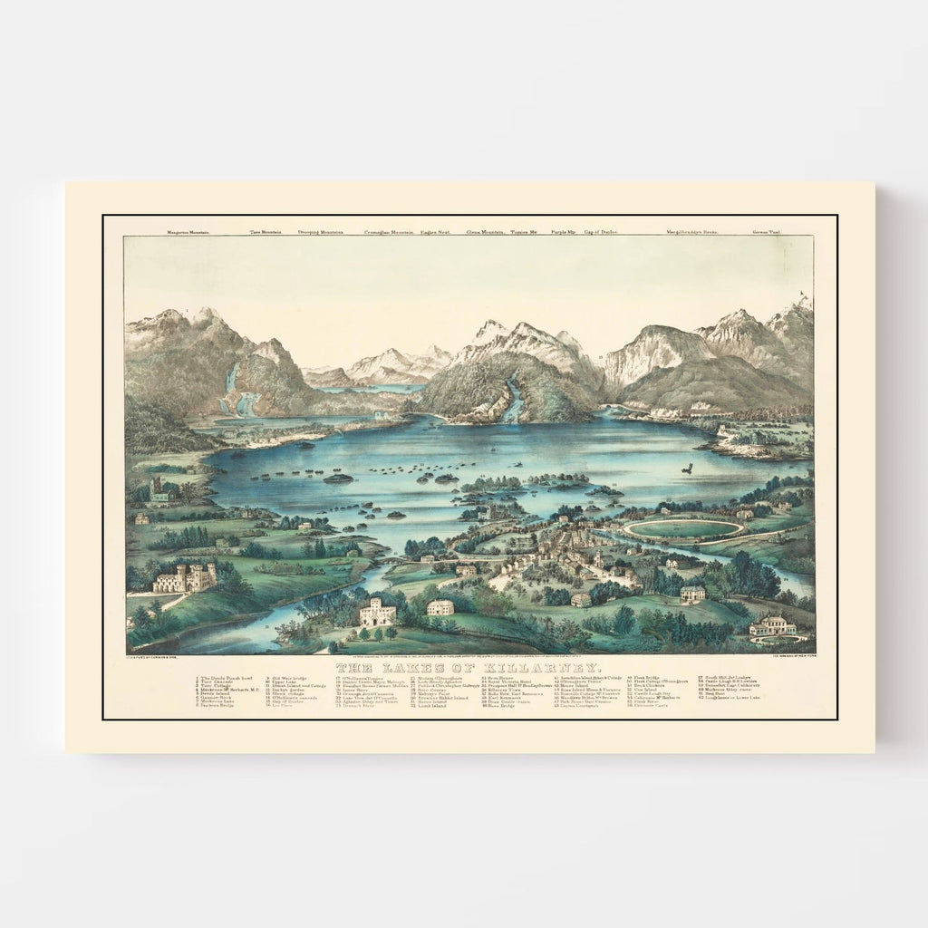 Vintage Lakes of Killarney Ireland Map 1867