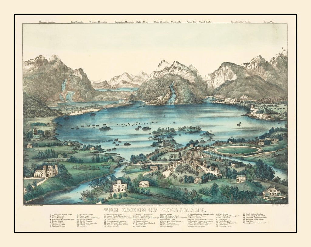 Vintage Lakes of Killarney Ireland Map 1867