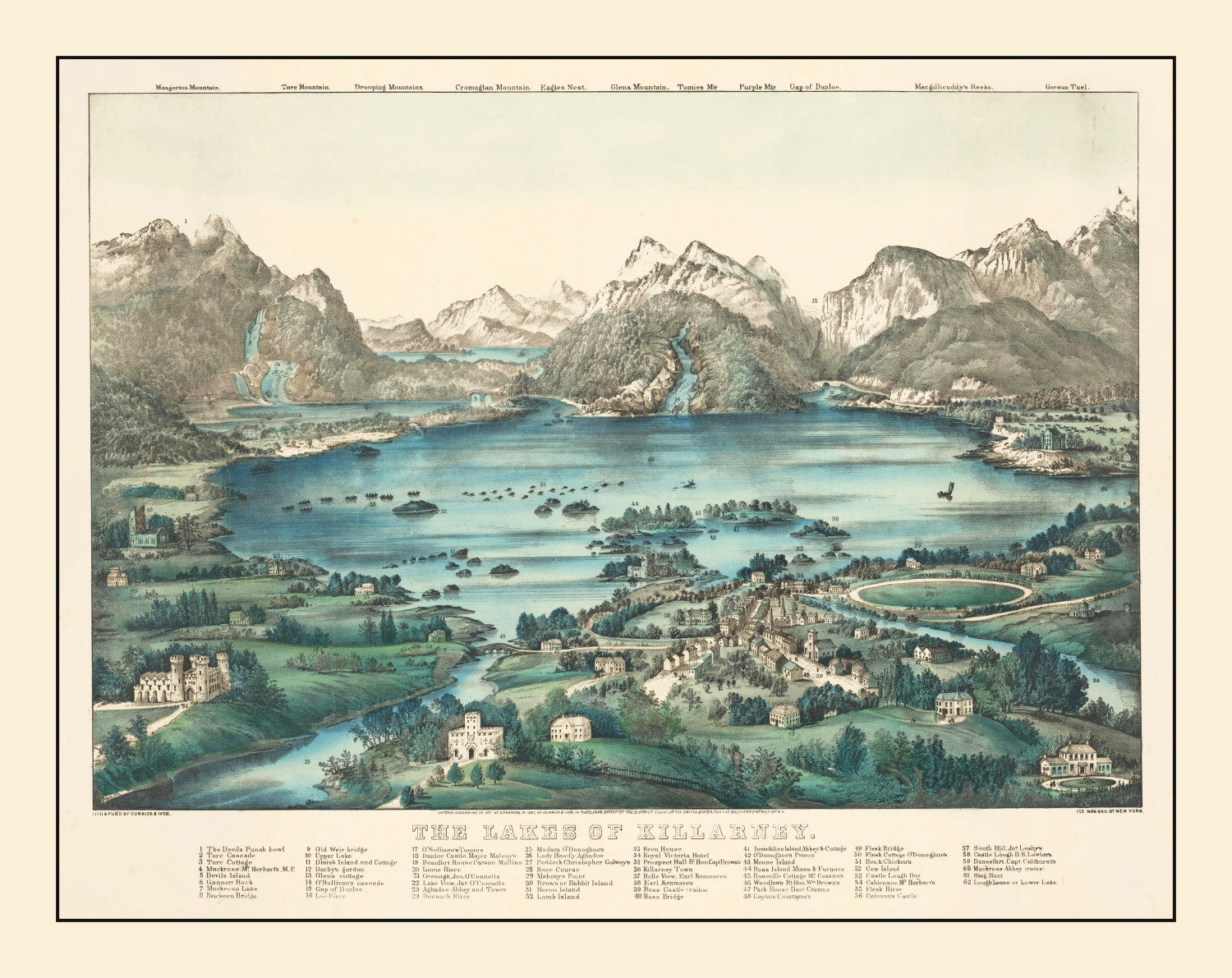 Vintage Lakes of Killarney Ireland Map 1867