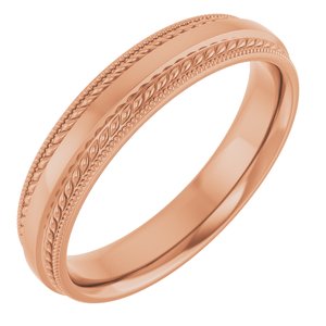 18K Rose Gold 4 mm Rope & Milgrain Stepped-Edge Comfort-Fit Half Round Band Size 9