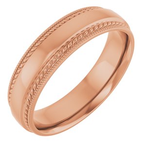 18K Rose Gold 5 mm Rope & Milgrain Stepped-Edge Comfort-Fit Half Round Band Size 9