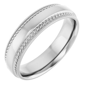 14K X1 White Gold 5 mm Rope & Milgrain Stepped-Edge Comfort-Fit Half Round Band Size 11.5