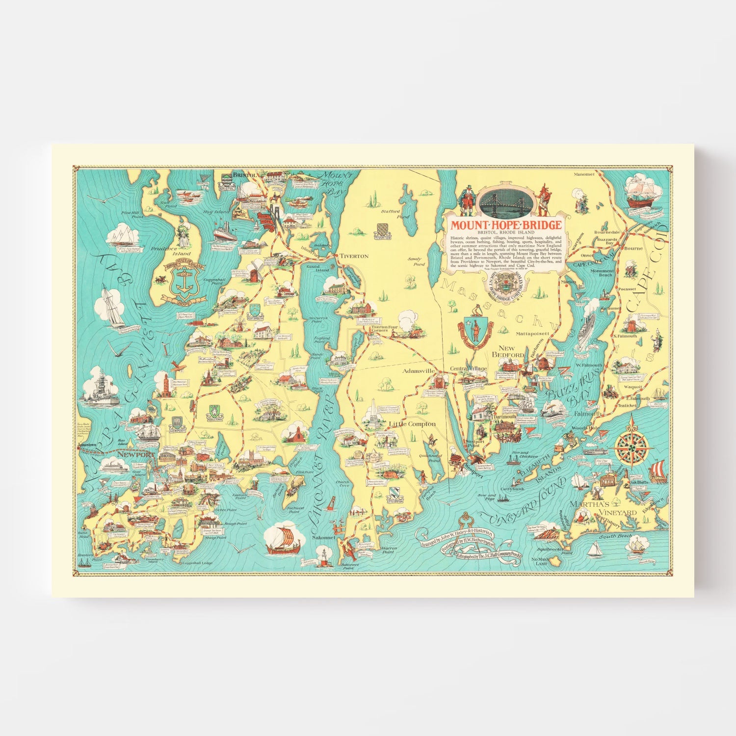 Vintage Rhode Island & Massachusetts Map 1933